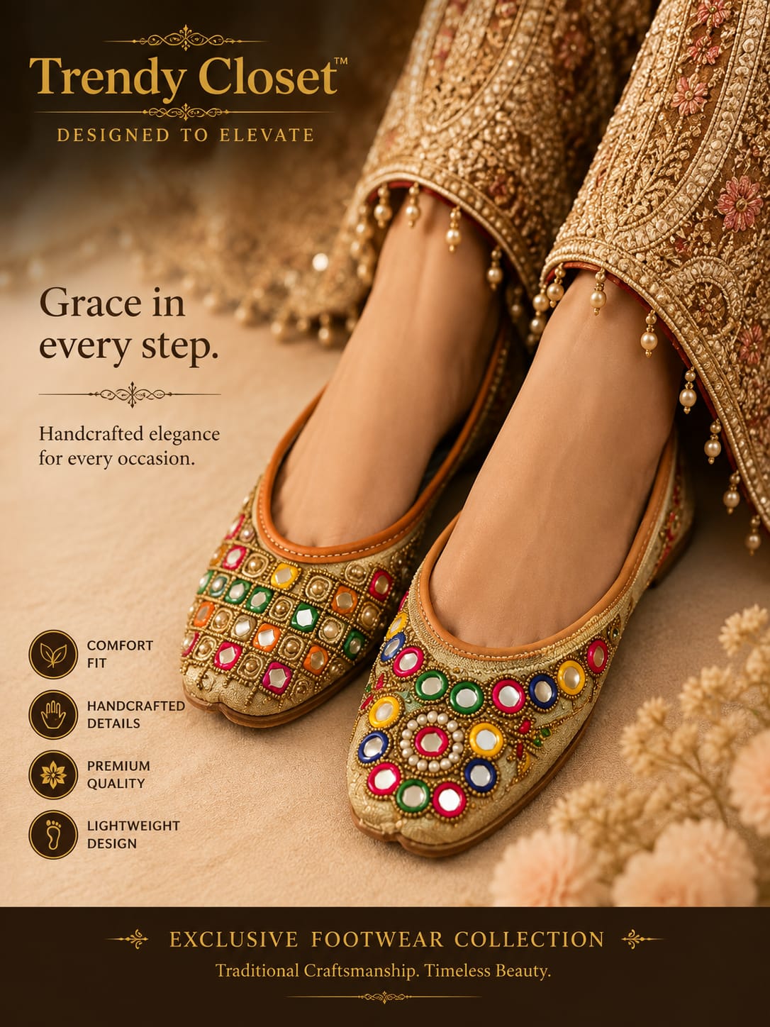 Noor Mirror Work Mojaris — Footwear - Female at Trendy Closet, Morrisville NC