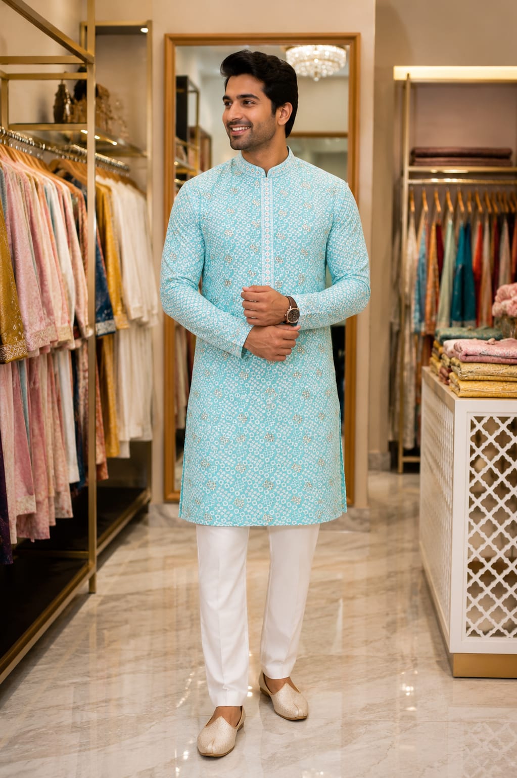 Azure Bandhani Kurta Set — Men's Wear at Trendy Closet, Morrisville NC