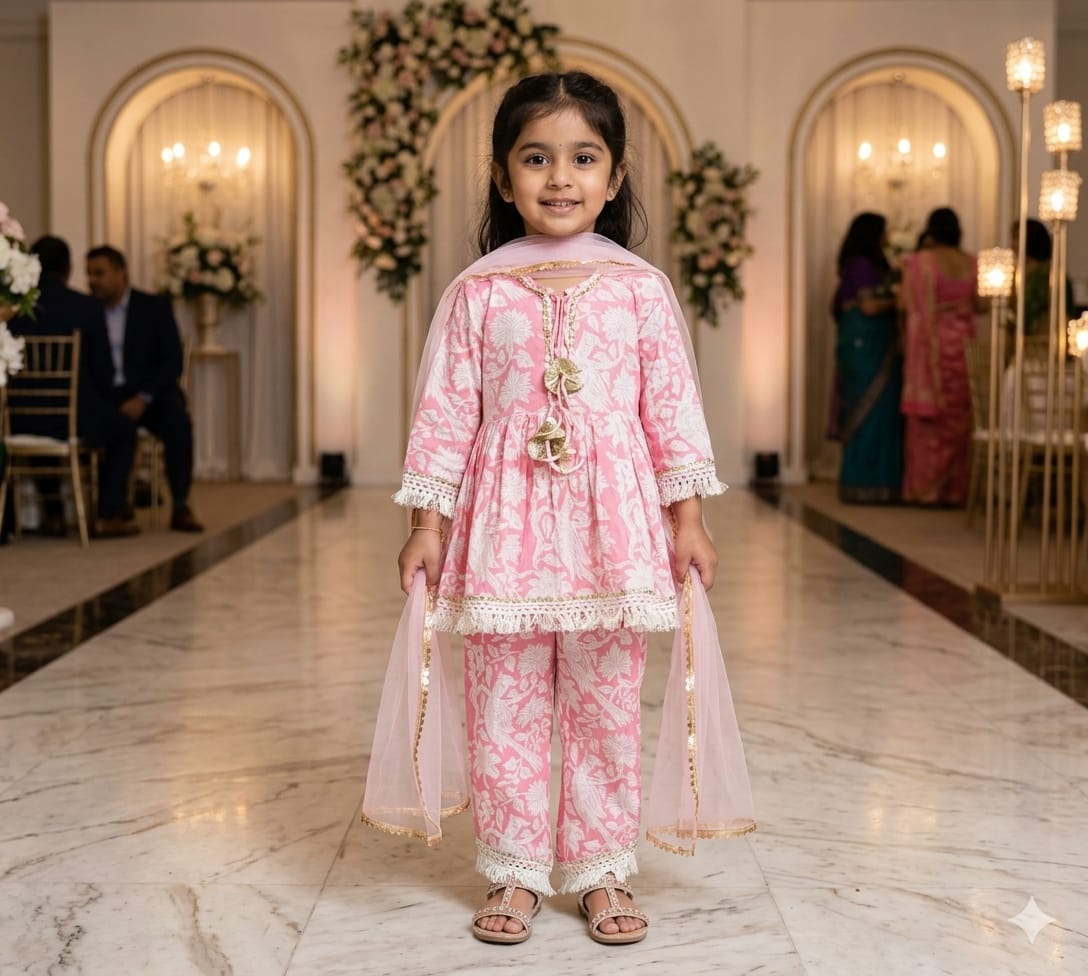 Girls' Pink Floral Printed Kurta Pant Set with Net Dupatta — Kids - Girl at Trendy Closet, Morrisville NC