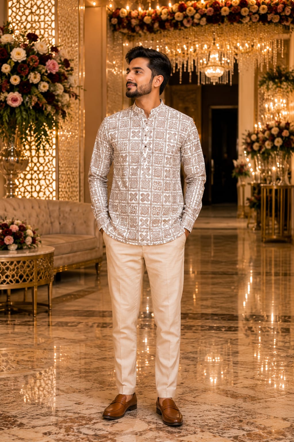 Beige Heritage Print Casual Kurta Set — Men's Wear at Trendy Closet, Morrisville NC