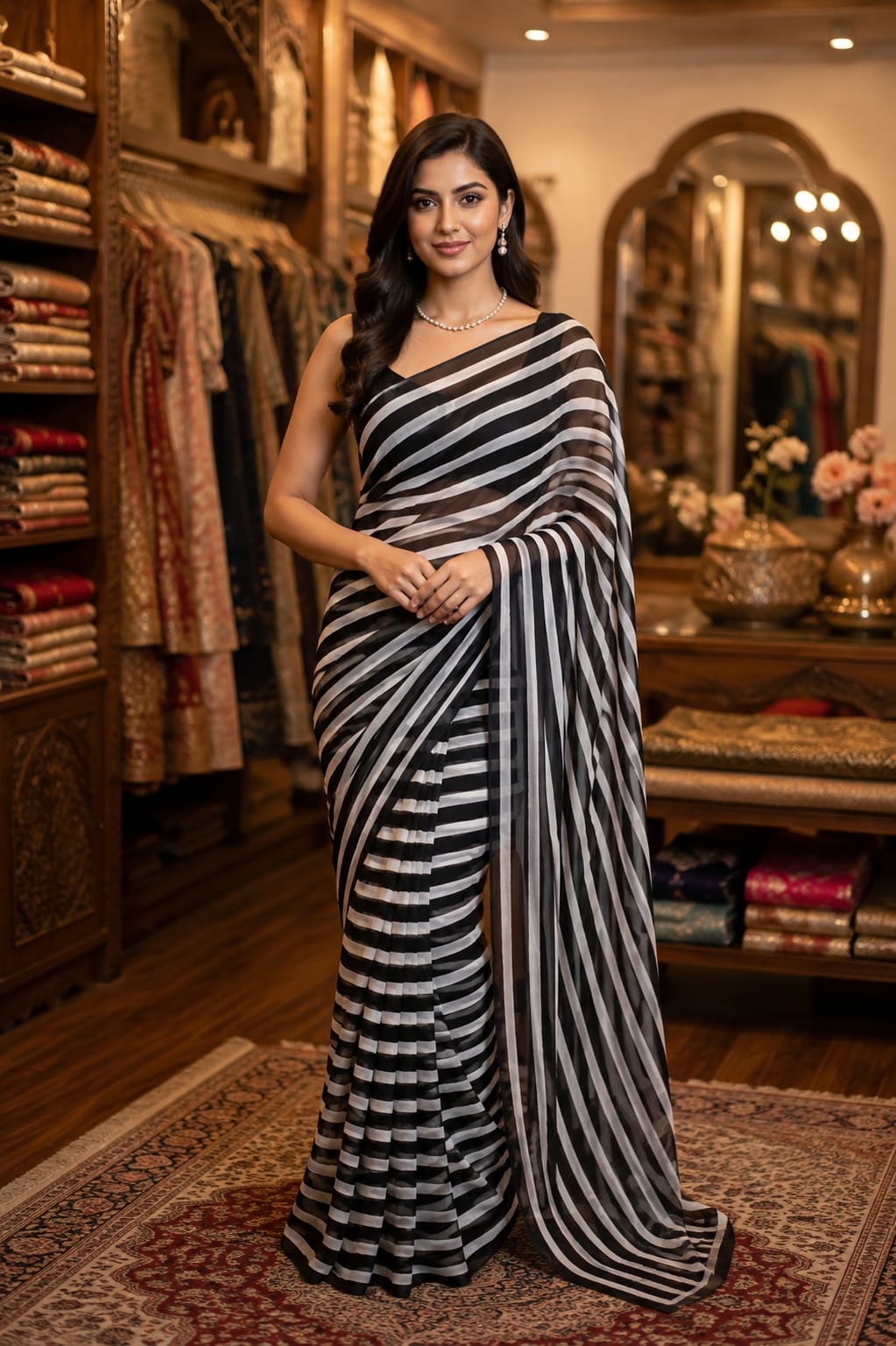 Ebony & Ivory Stripe Saree — Sarees at Trendy Closet, Morrisville NC