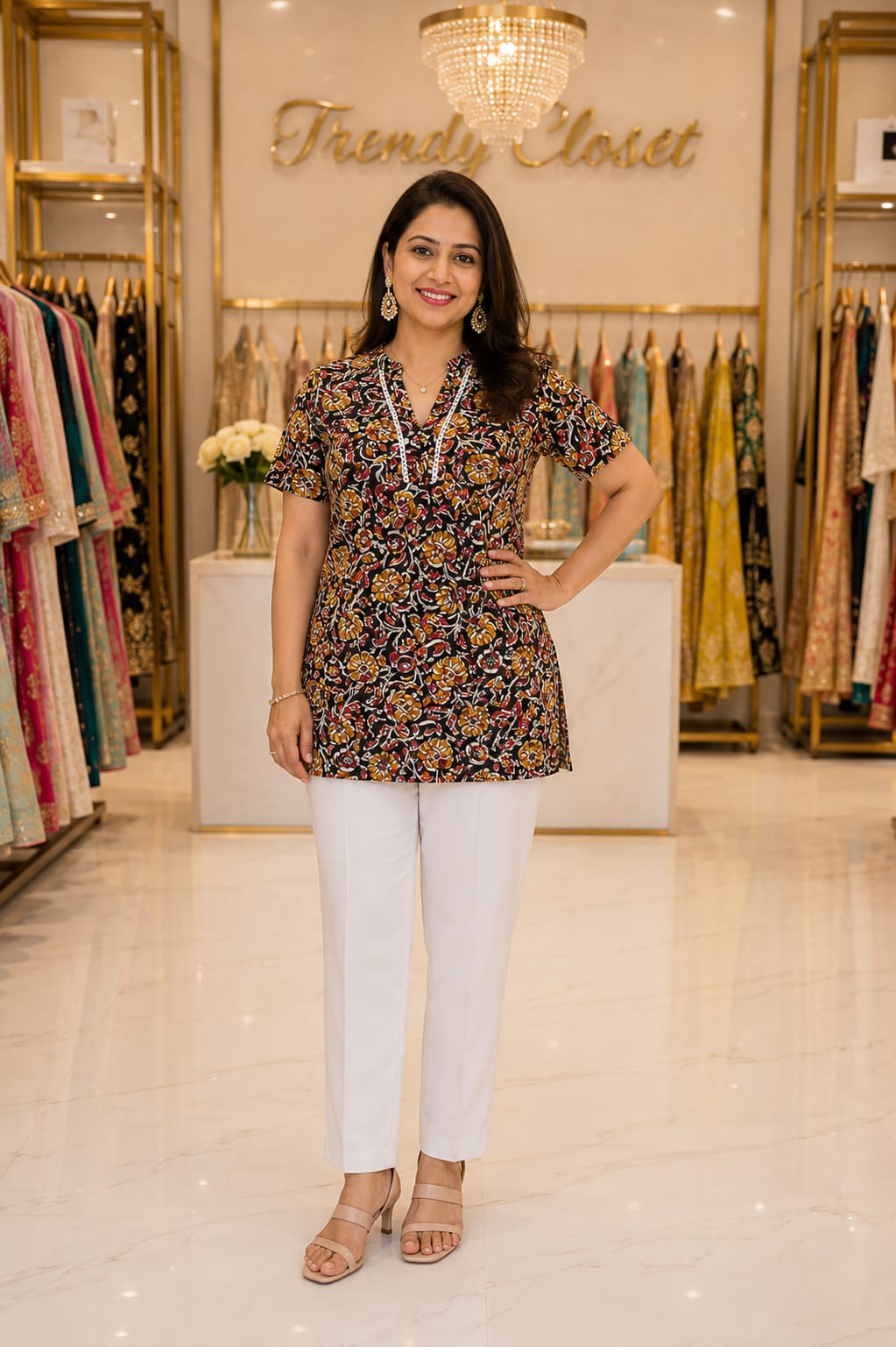 Black Floral Printed Short Kurti with White Straight Pants — Kurti at Trendy Closet, Morrisville NC