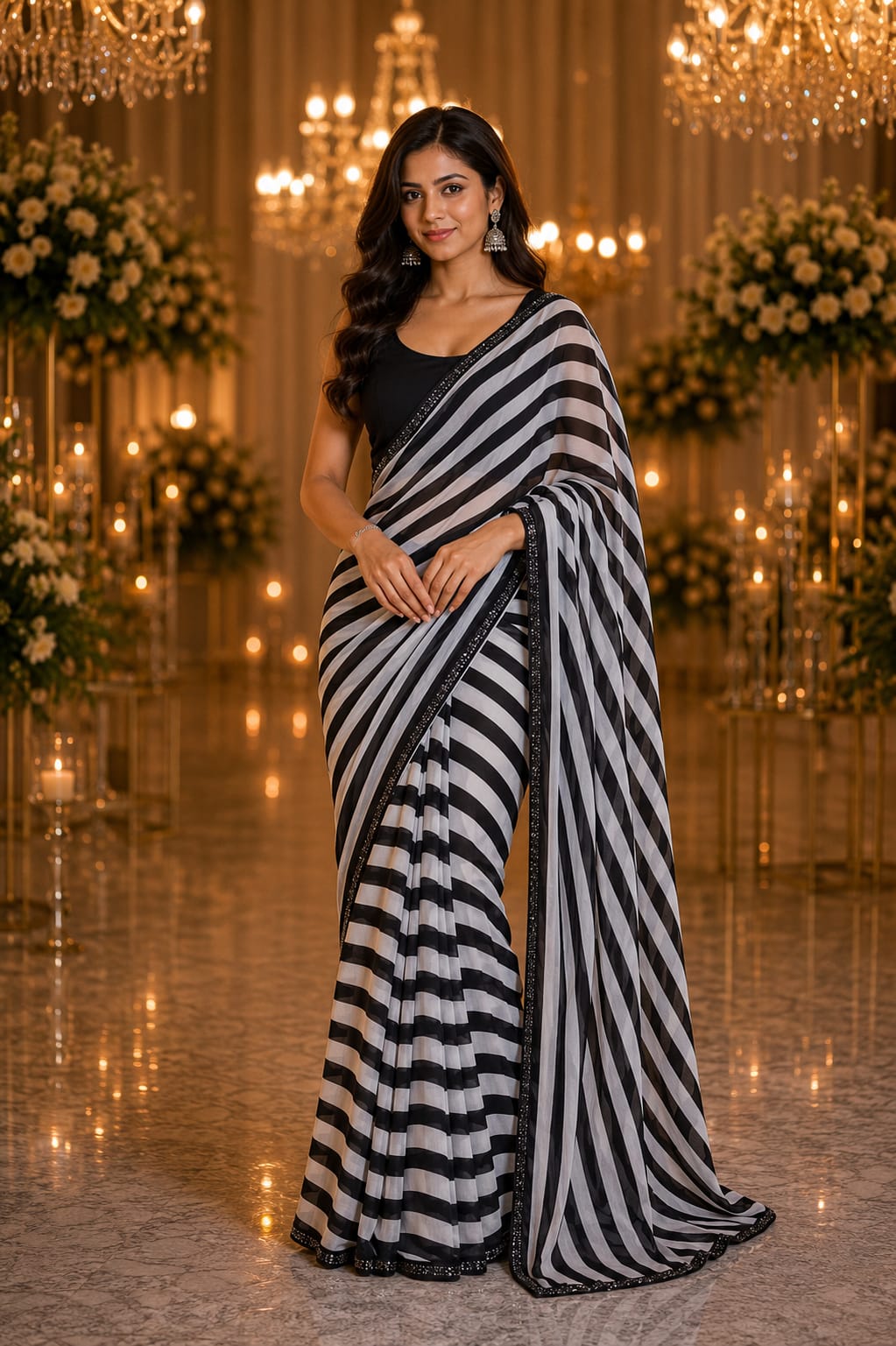 Black & White Striped Designer Saree — Sarees at Trendy Closet, Morrisville NC