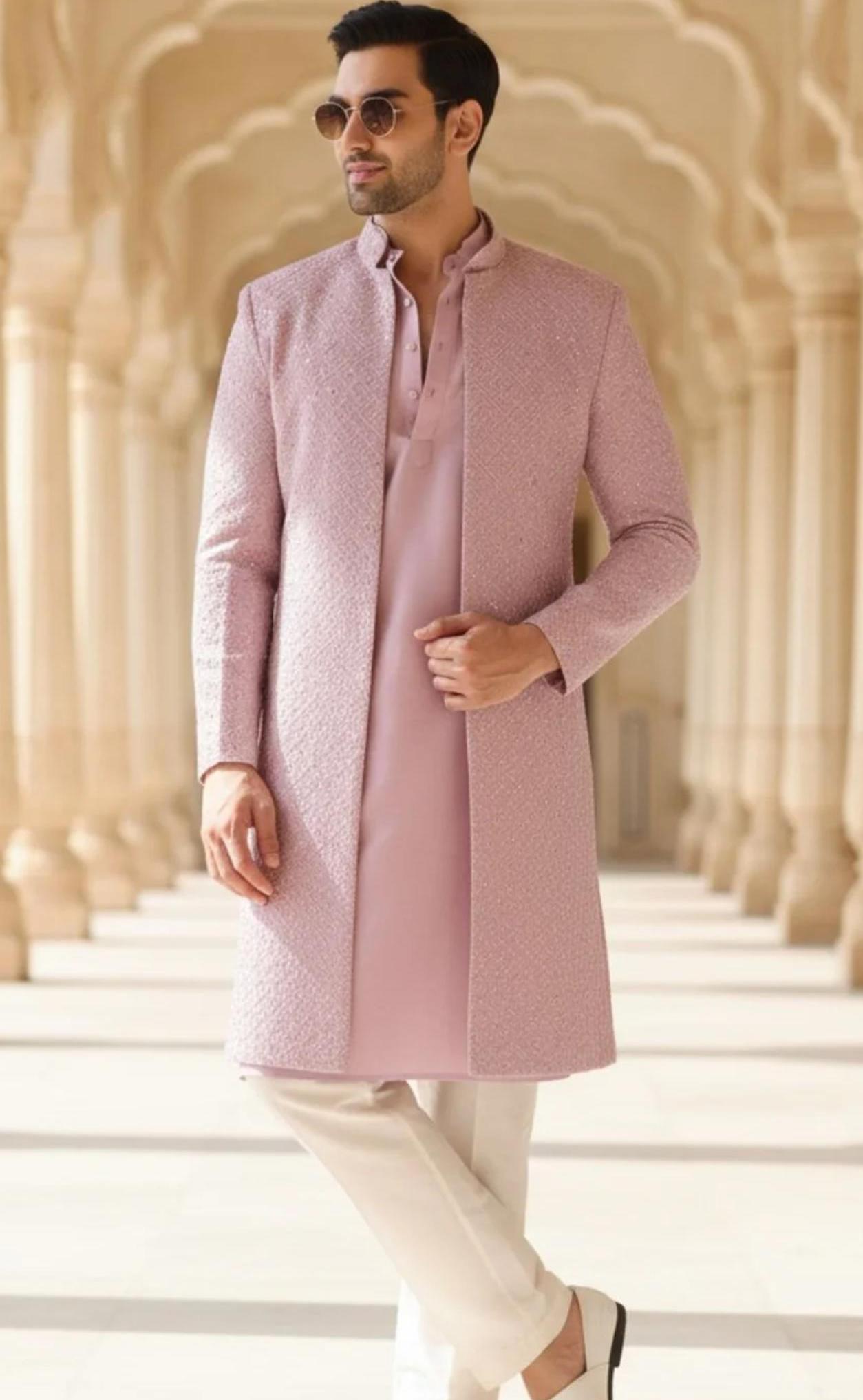 Blush Pink Textured Indo-Western Sherwani Set — Men's Wear at Trendy Closet, Morrisville NC