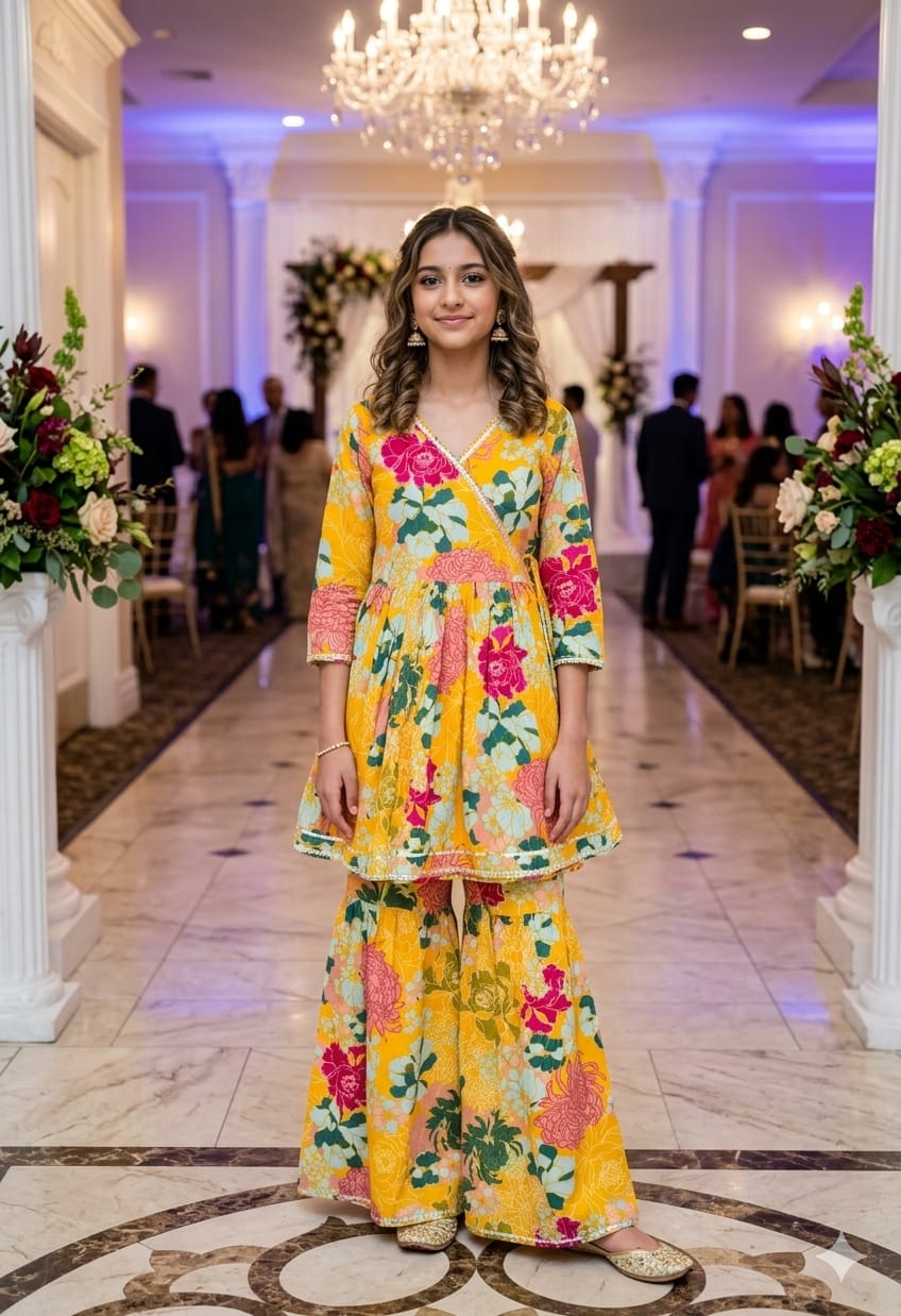 Girls' Yellow Floral Printed Sharara Set — Kids - Girl at Trendy Closet, Morrisville NC
