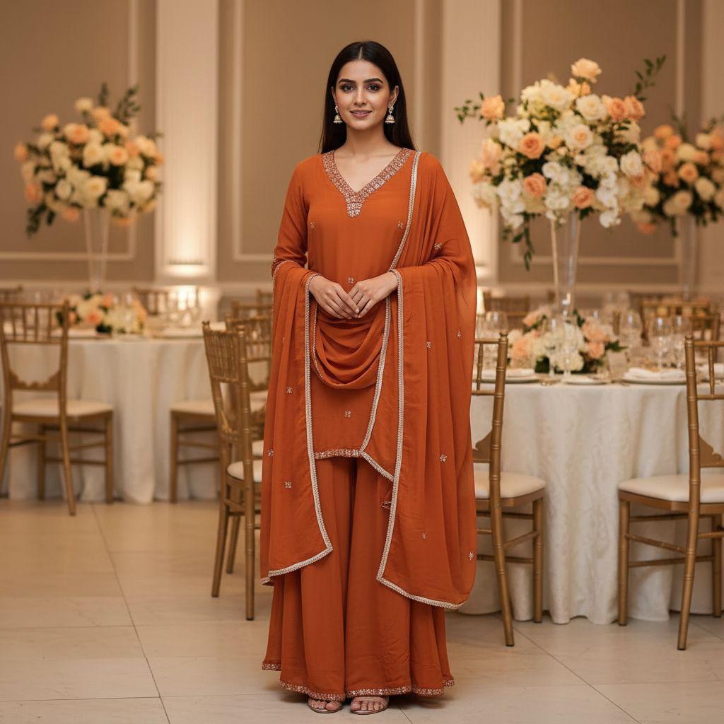 Terracotta Radiance Sharara Set — Sharara Suits at Trendy Closet, Morrisville NC