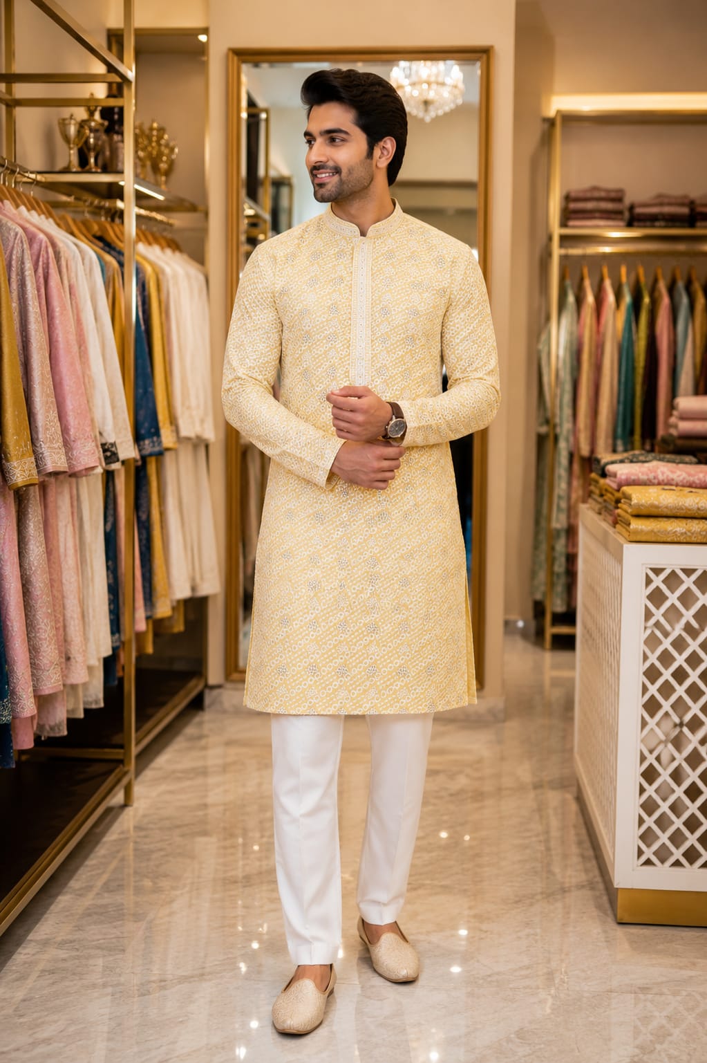 Lemon Blossom Chikankari Kurta — Men's Wear at Trendy Closet, Morrisville NC