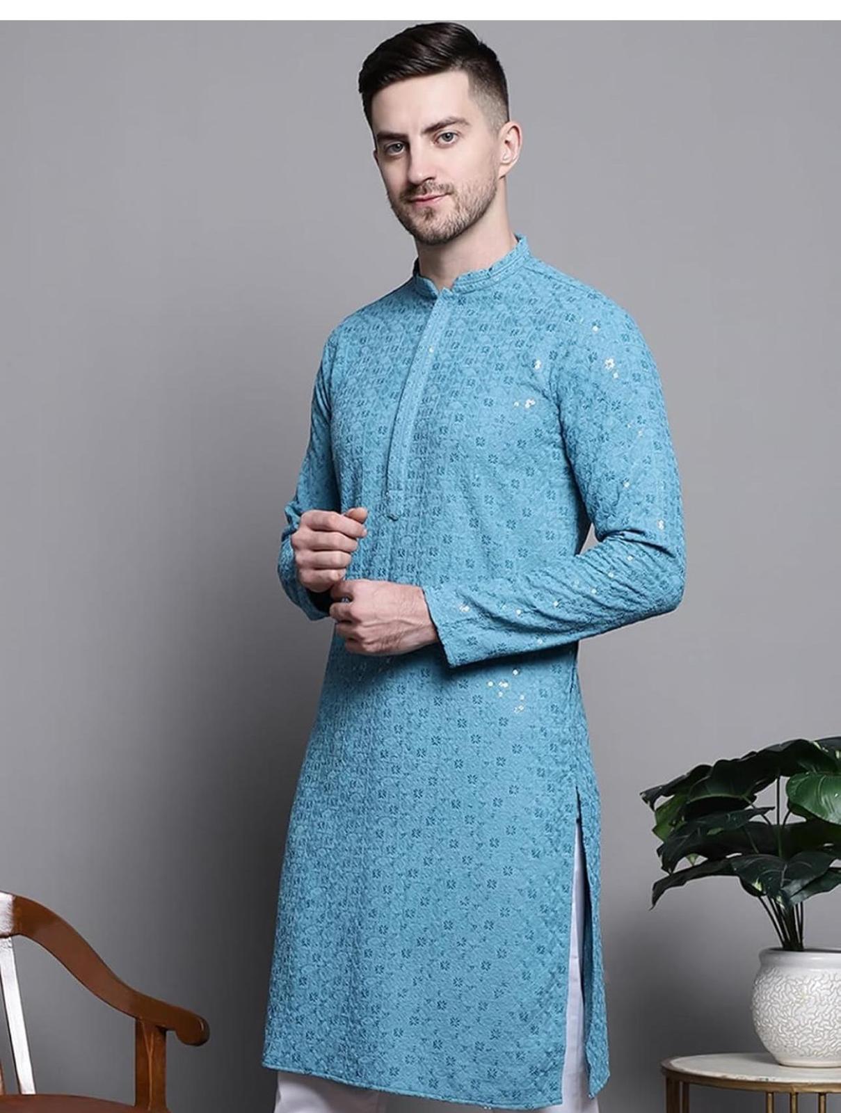 Cerulean Chikankari Kurta — Men's Wear at Trendy Closet, Morrisville NC