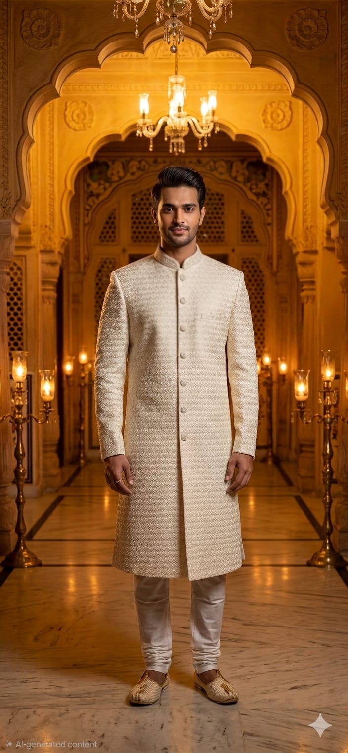 Champagne Royal Jacquard Sherwani Set — Men's Wear at Trendy Closet, Morrisville NC