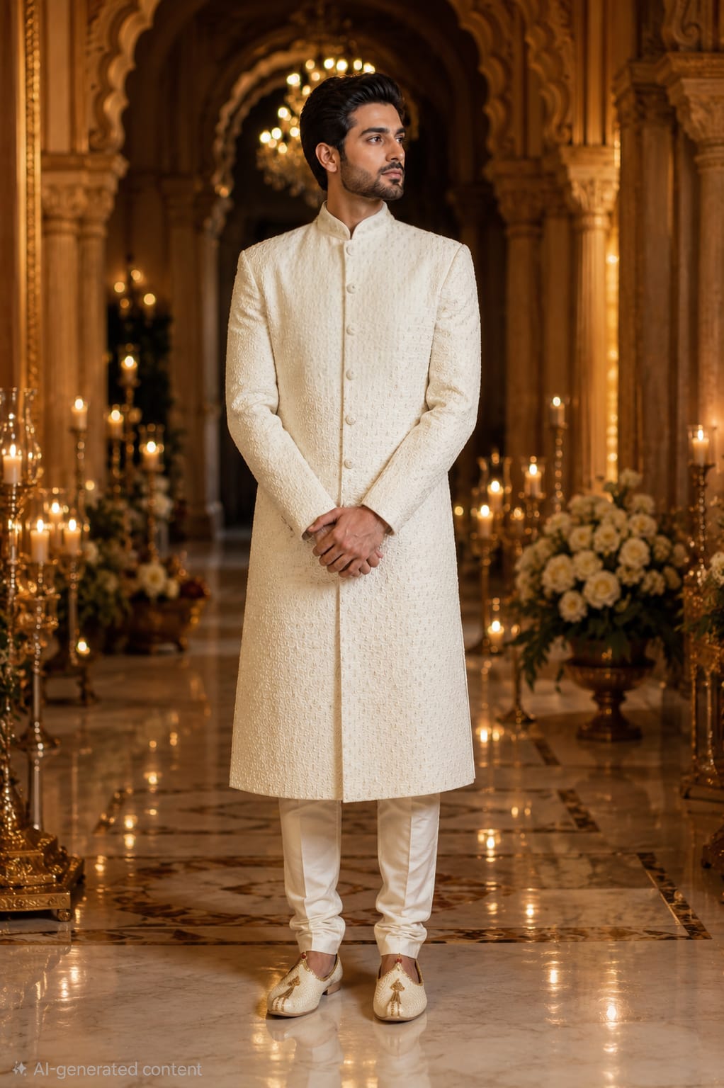 Champagne Royal Jacquard Sherwani Set — Men's Wear at Trendy Closet, Morrisville NC