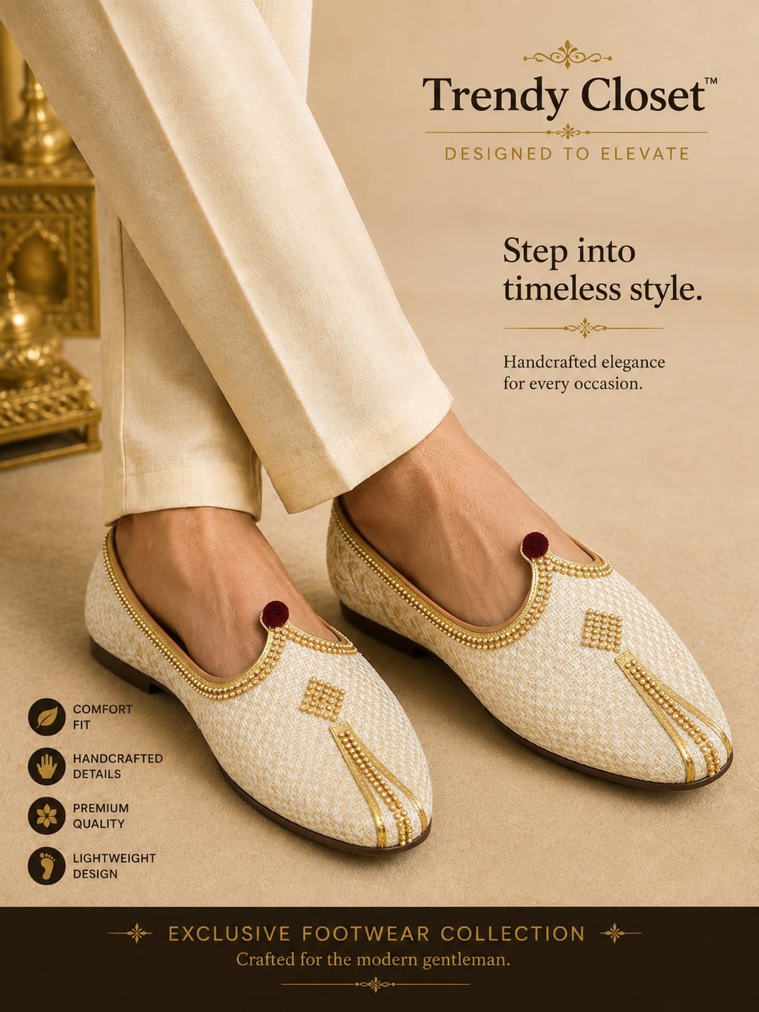 Ivory Imperial Mojari — Footwear - Male at Trendy Closet, Morrisville NC