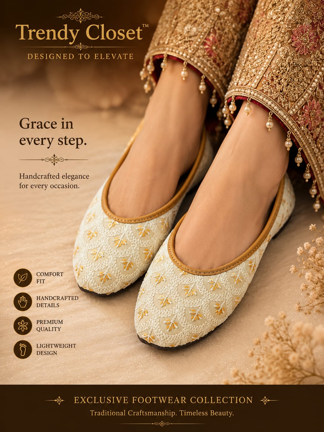 Ivory Marigold Handcrafted Juttis — Footwear - Female at Trendy Closet, Morrisville NC