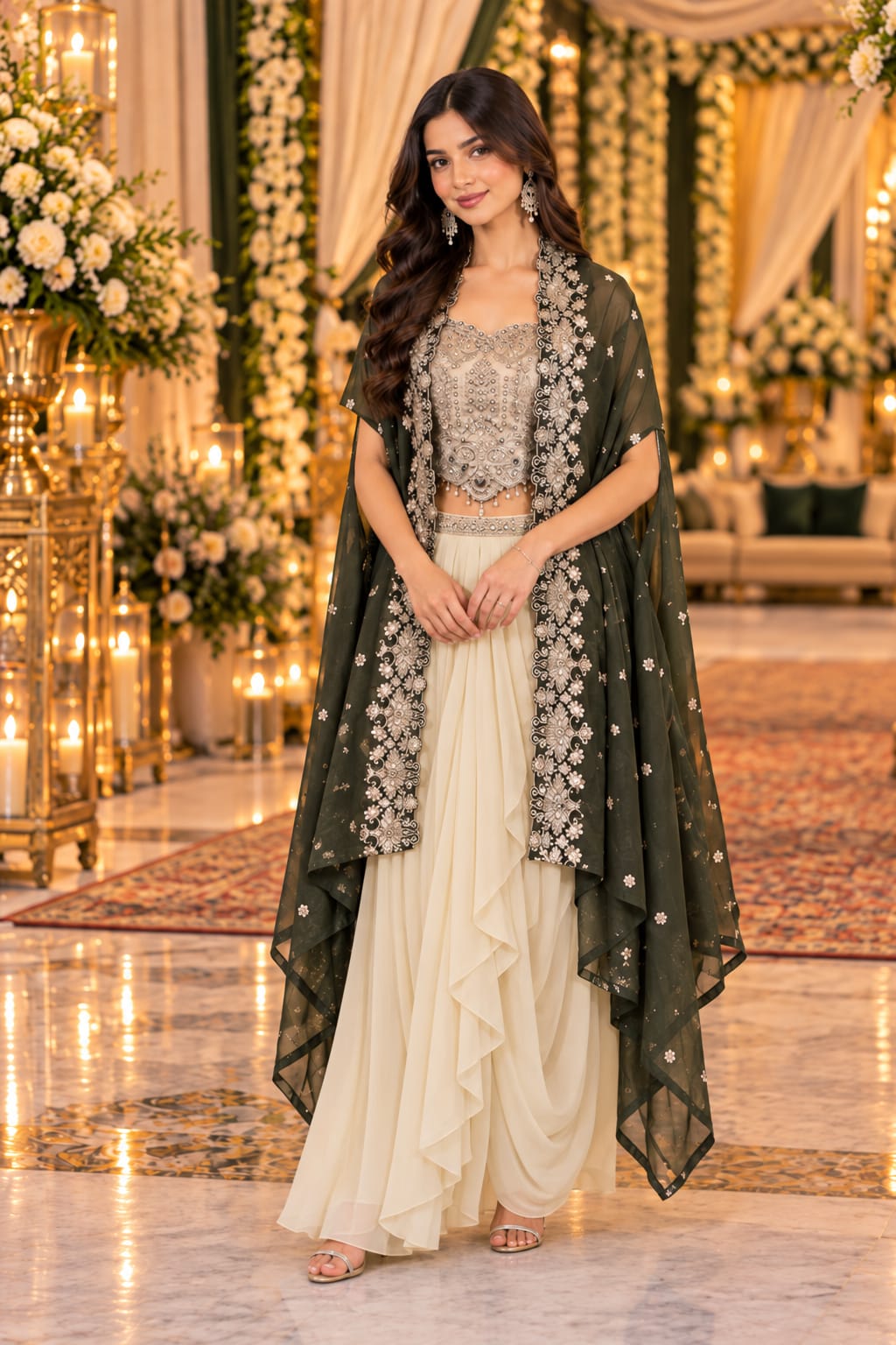 Emerald & Ivory Cascade Ensemble — Indo-Western at Trendy Closet, Morrisville NC