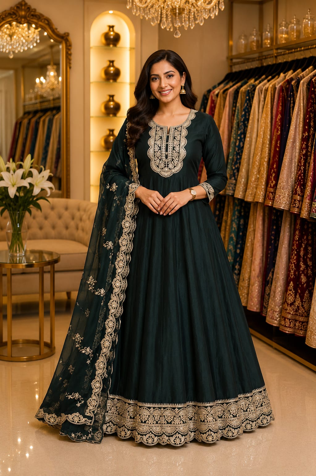 Emerald Majesty Anarkali — Gowns at Trendy Closet, Morrisville NC