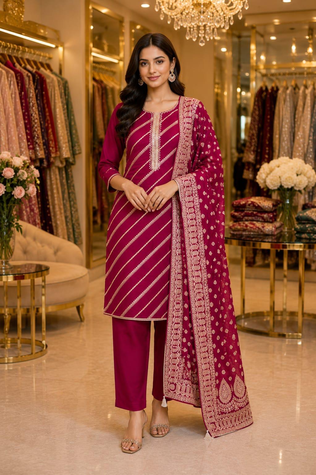 Fuchsia Gota Patti Elegance — Suit Set at Trendy Closet, Morrisville NC