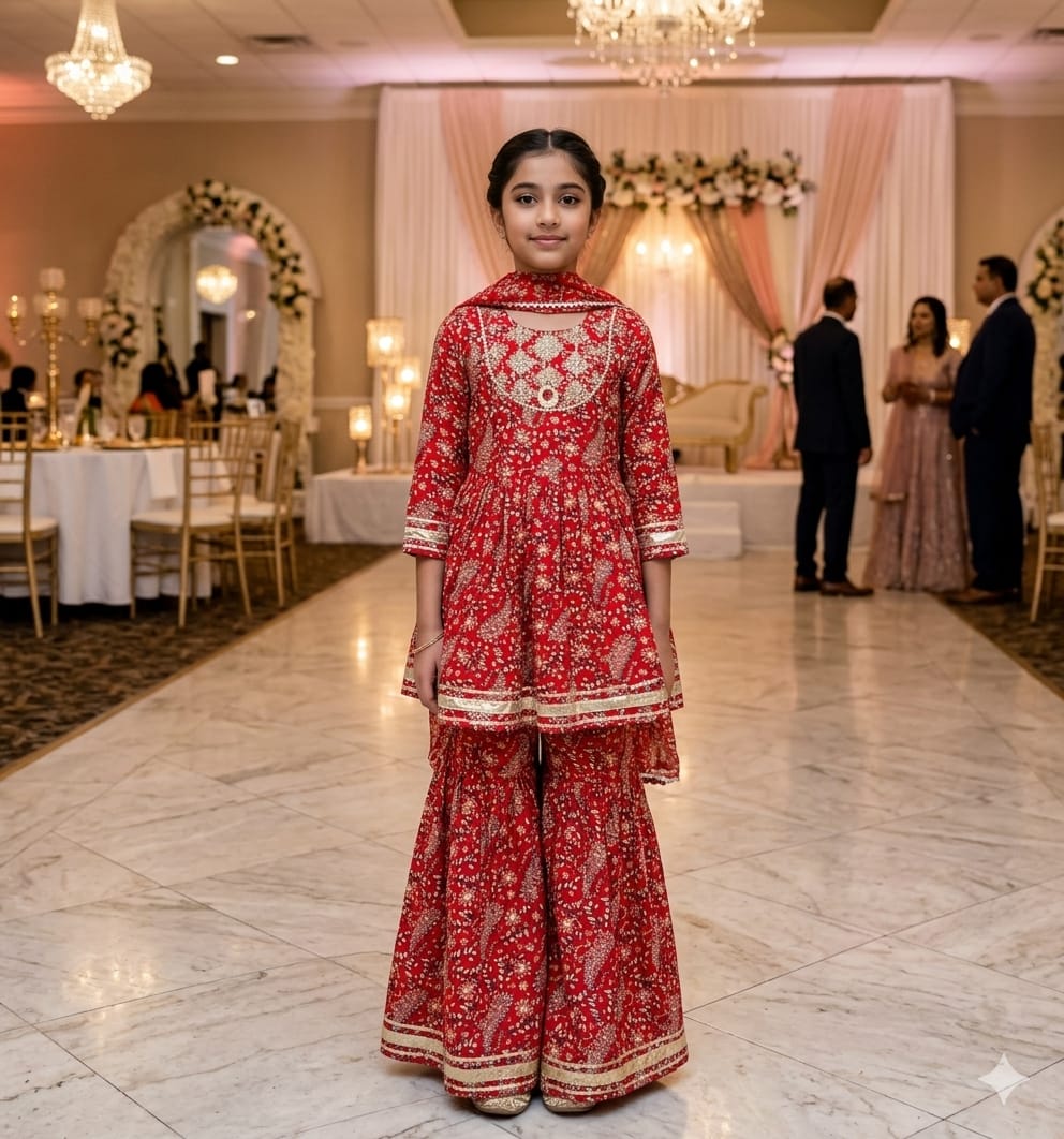 Girls' Red Printed Sharara Set with Dupatta — Kids - Girl at Trendy Closet, Morrisville NC