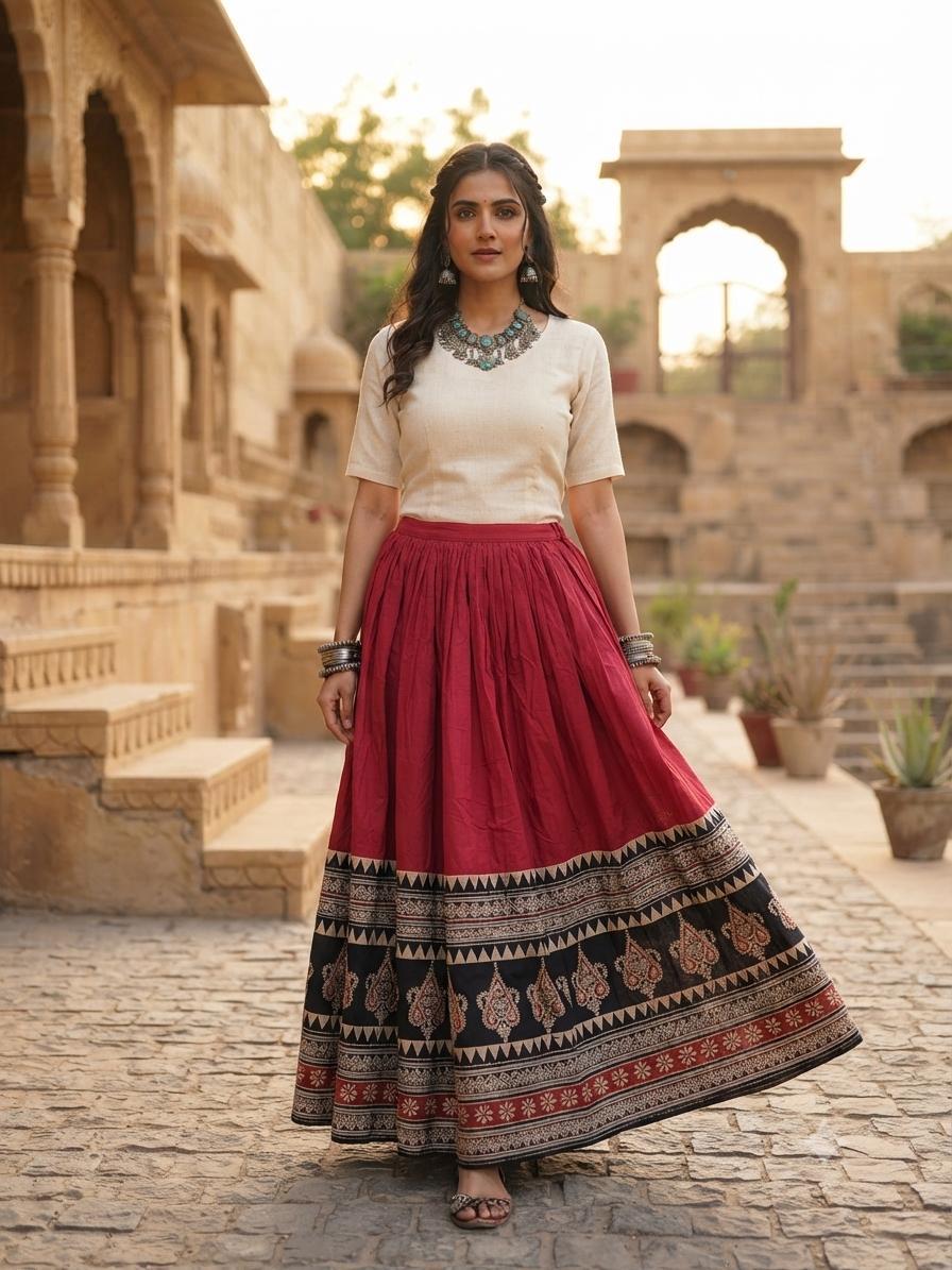 Heritage Bloom Handblock Lehenga — Ghagra Choli at Trendy Closet, Morrisville NC