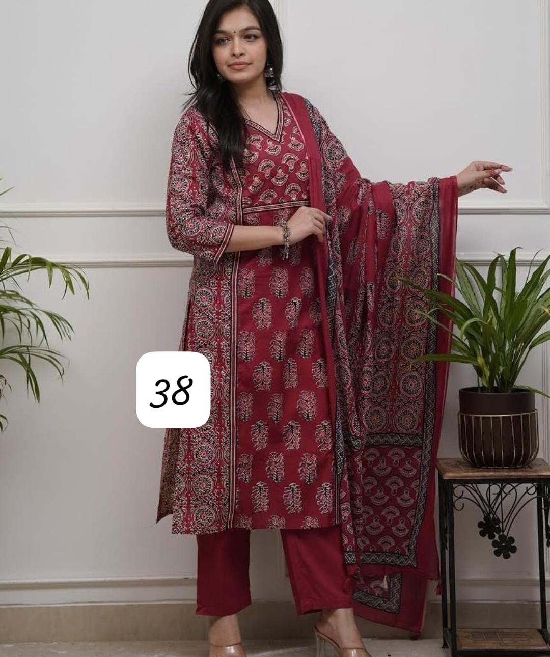 Maroon Block Print Kurti Set — Suit Set at Trendy Closet, Morrisville NC