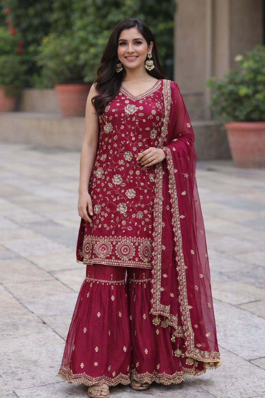 Maroon Blossom Sharara — Sharara Suits at Trendy Closet, Morrisville NC