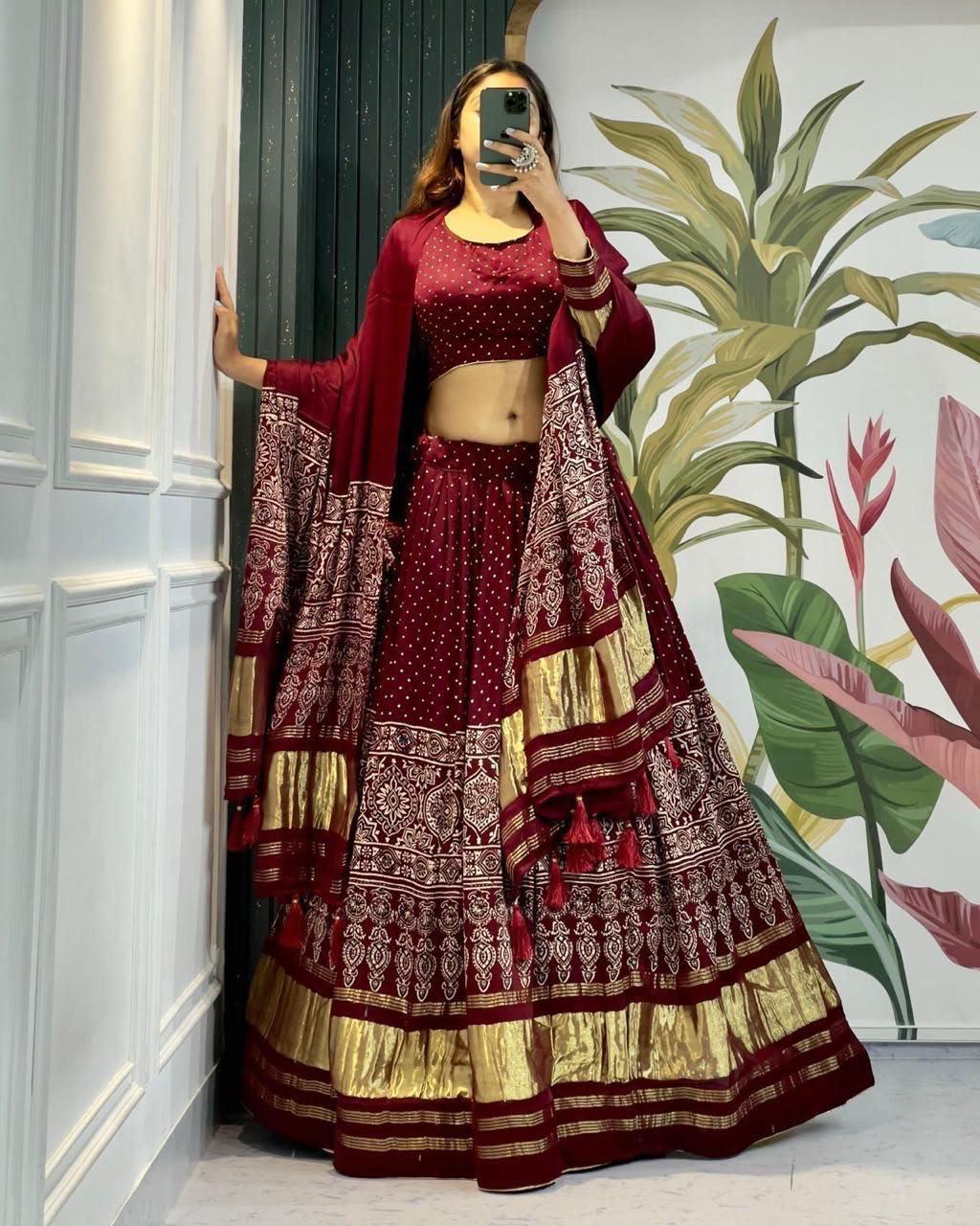 Maroon Moonlight Ajrakh Lehenga — Ghagra Choli at Trendy Closet, Morrisville NC