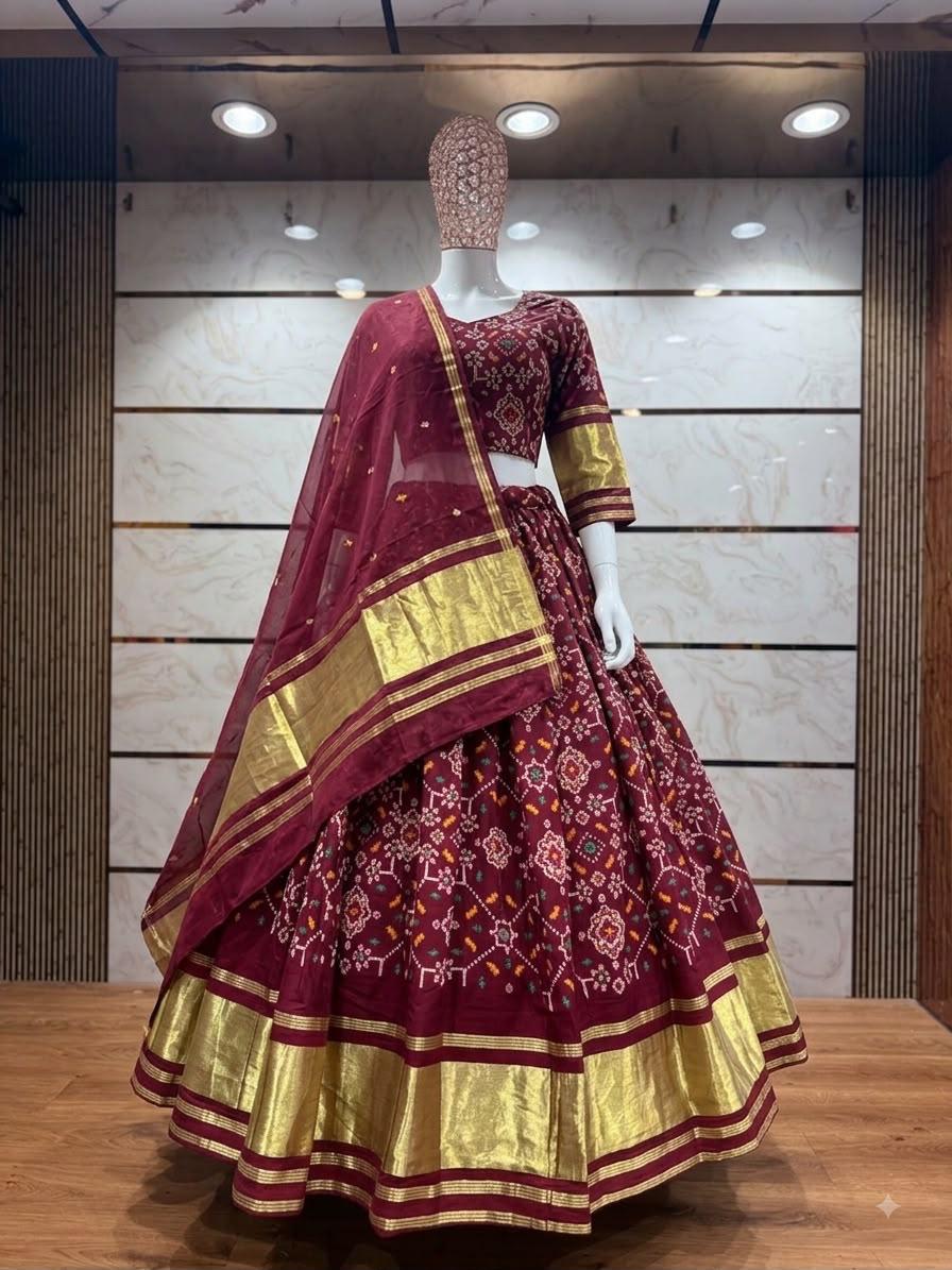 Maroon Patola Heritage Lehenga — Ghagra Choli at Trendy Closet, Morrisville NC
