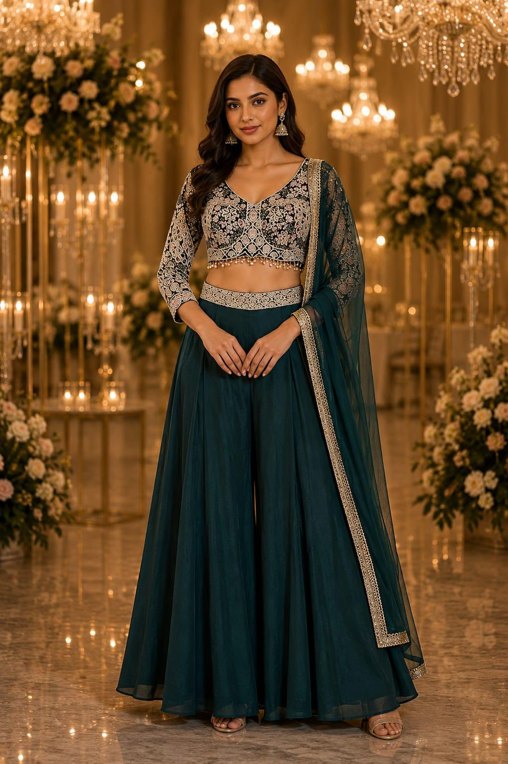 Midnight Teal Blossom Sharara — Sharara Suits at Trendy Closet, Morrisville NC