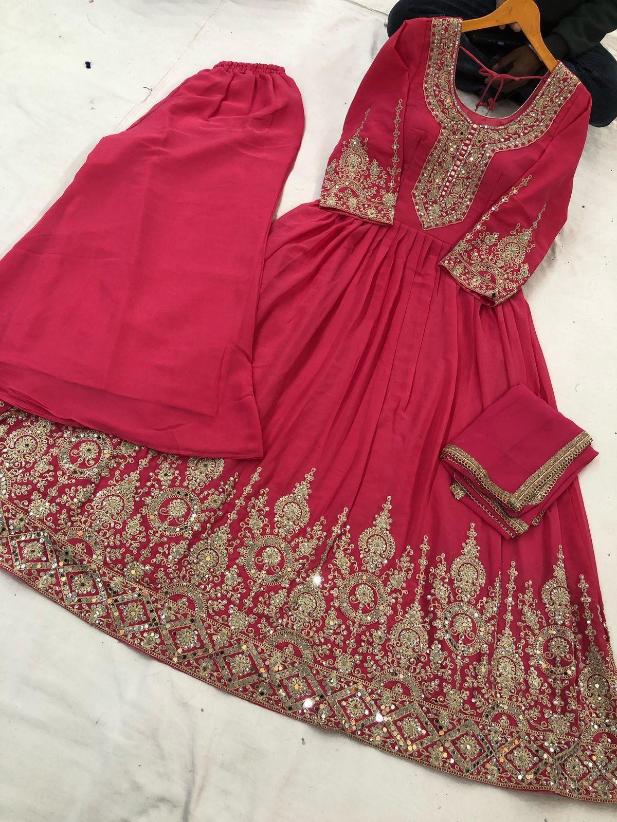 Regal Rani Pink Mirrorwork Sharara Set — Sharara Suits at Trendy Closet, Morrisville NC