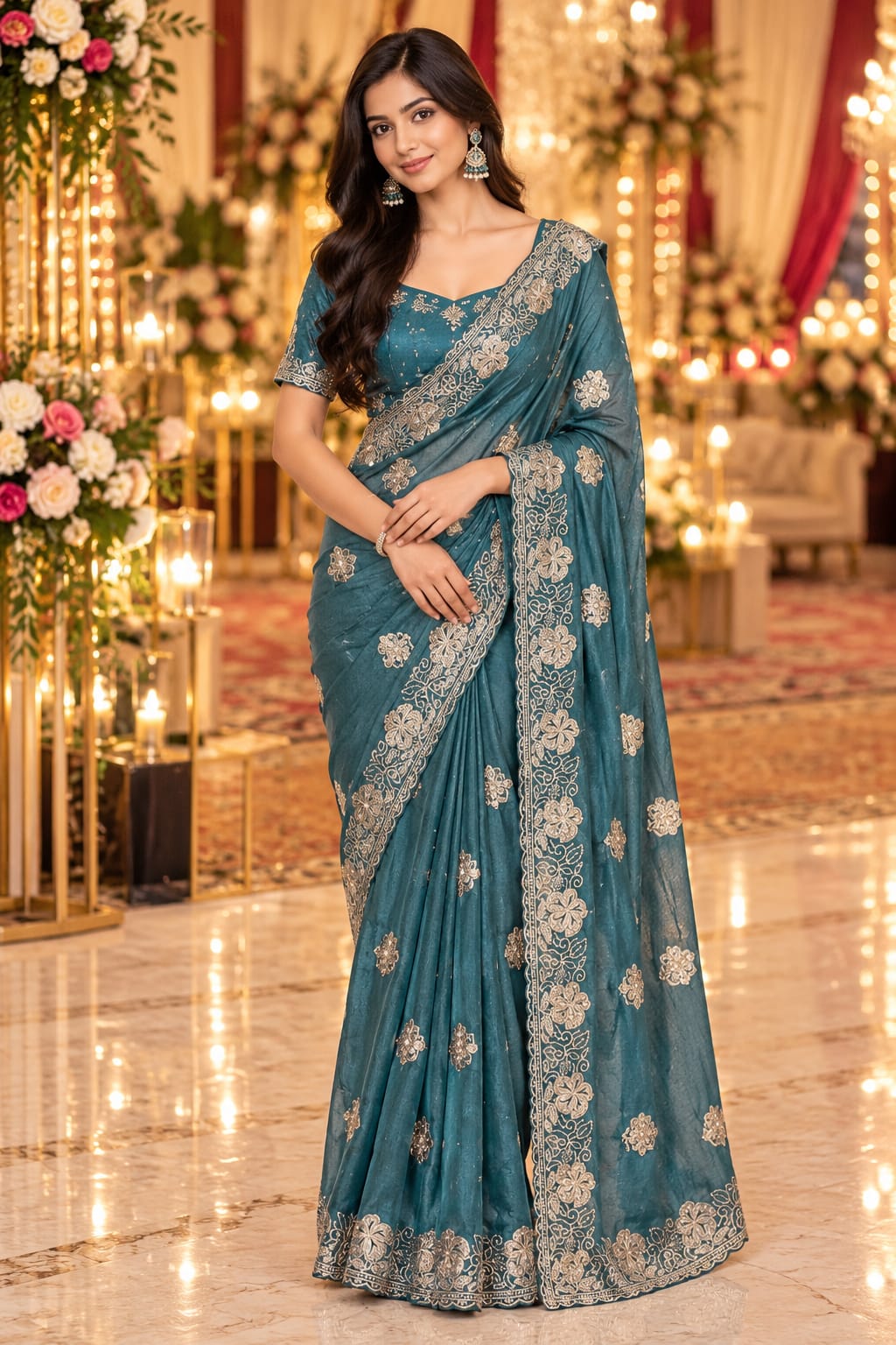 Teal Azure Bloom Saree — Sarees at Trendy Closet, Morrisville NC