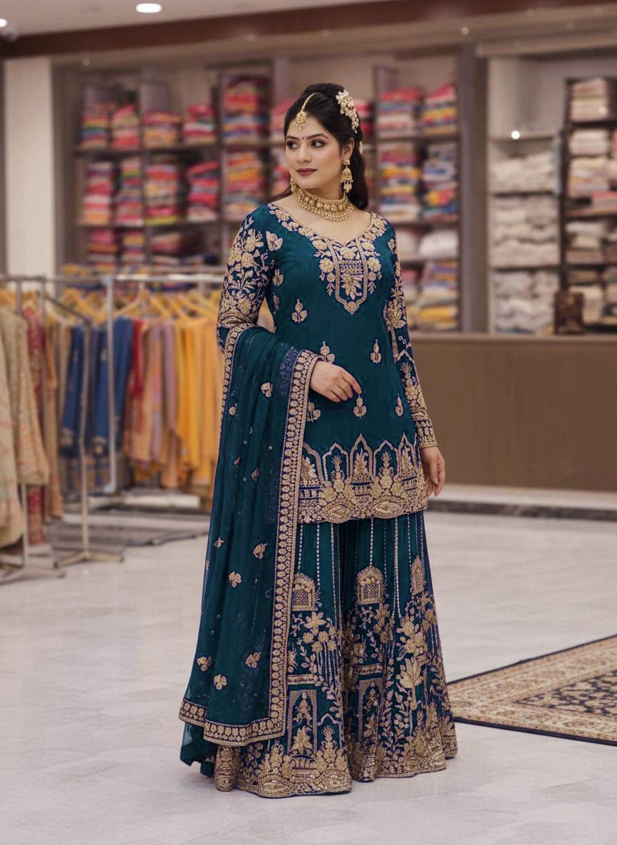 Teal Blue Heavy Embroidered Sharara Suit Set — Sharara Suits at Trendy Closet, Morrisville NC