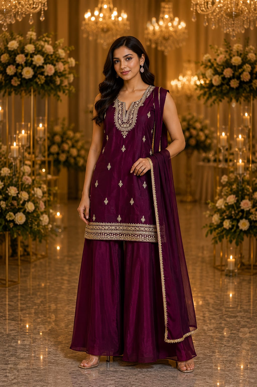 Deep Wine Purple Embroidered Sharara Suit Set — Sharara Suits at Trendy Closet, Morrisville NC