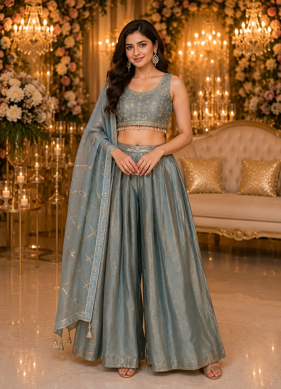 Dusty Blue Embroidered Indo-Western with Palazzo — Palazzo Set at Trendy Closet, Morrisville NC