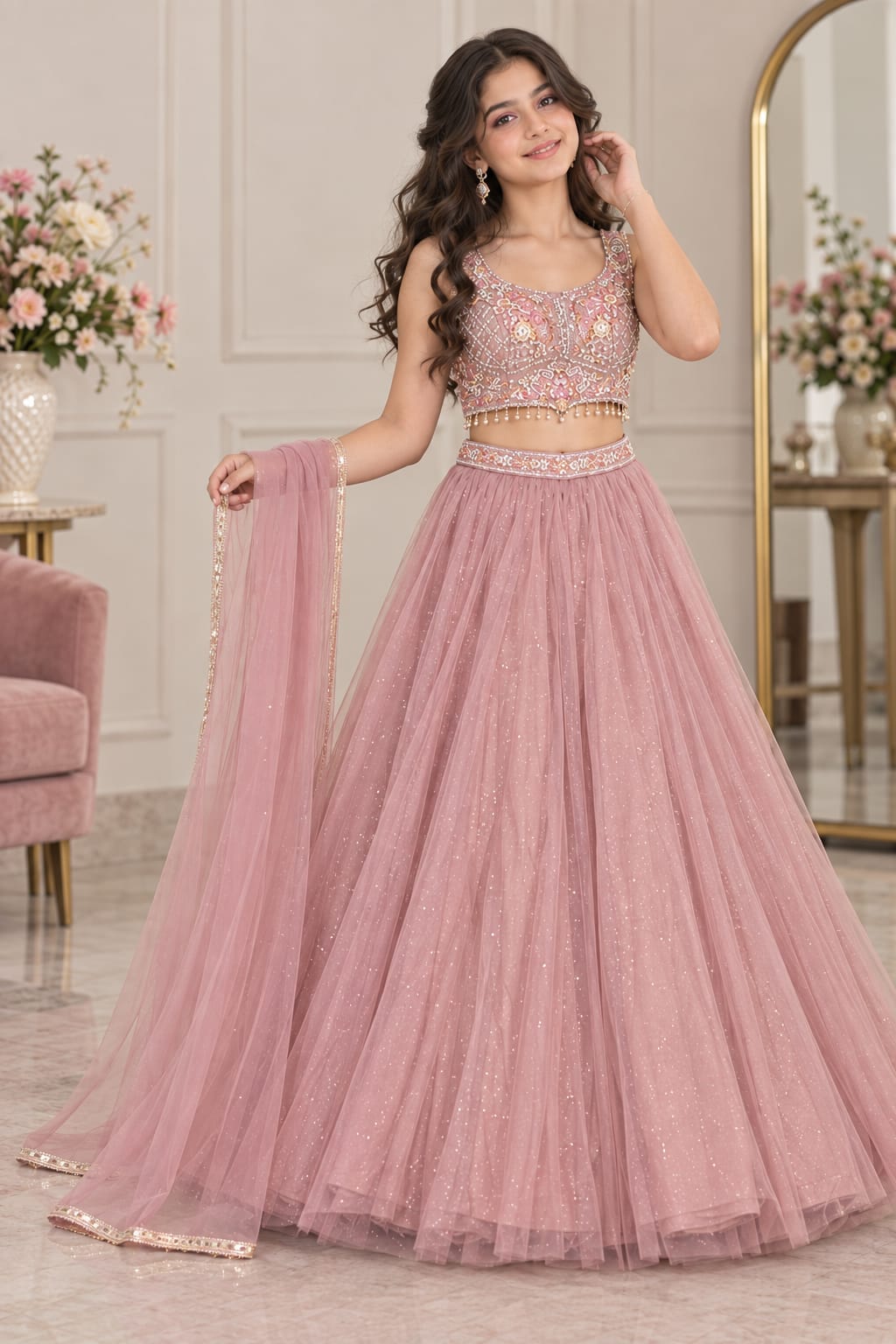 Blush Meadow Shimmer Lehenga — Kids - Girl at Trendy Closet, Morrisville NC