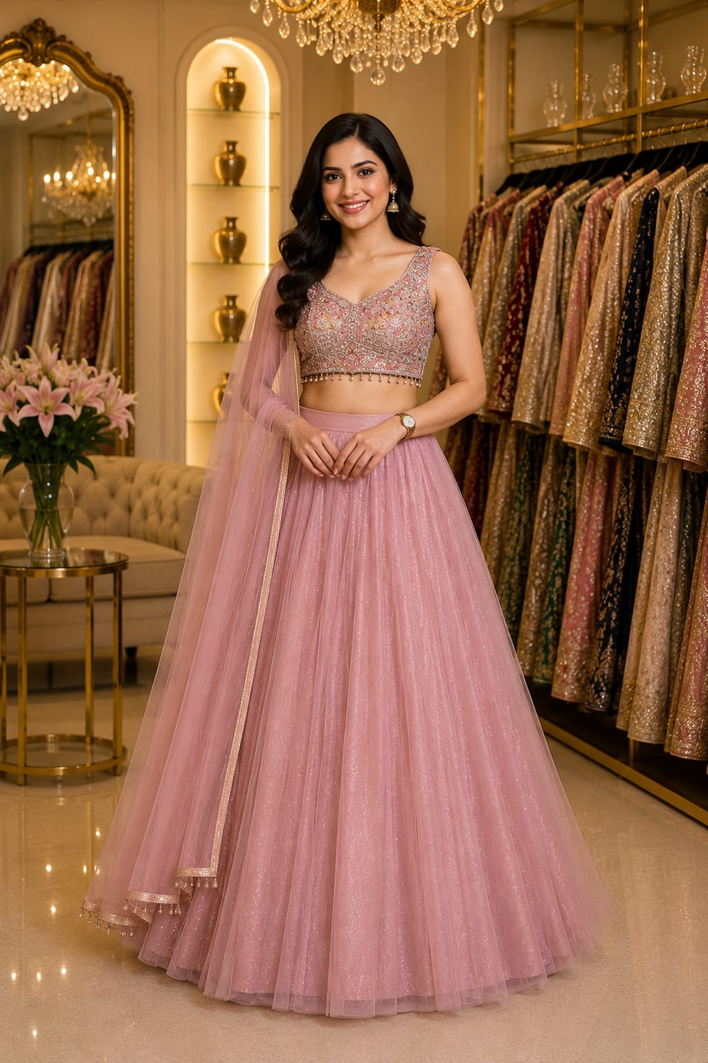 Blushing Rose Tulle Lehenga — Lehengas at Trendy Closet, Morrisville NC
