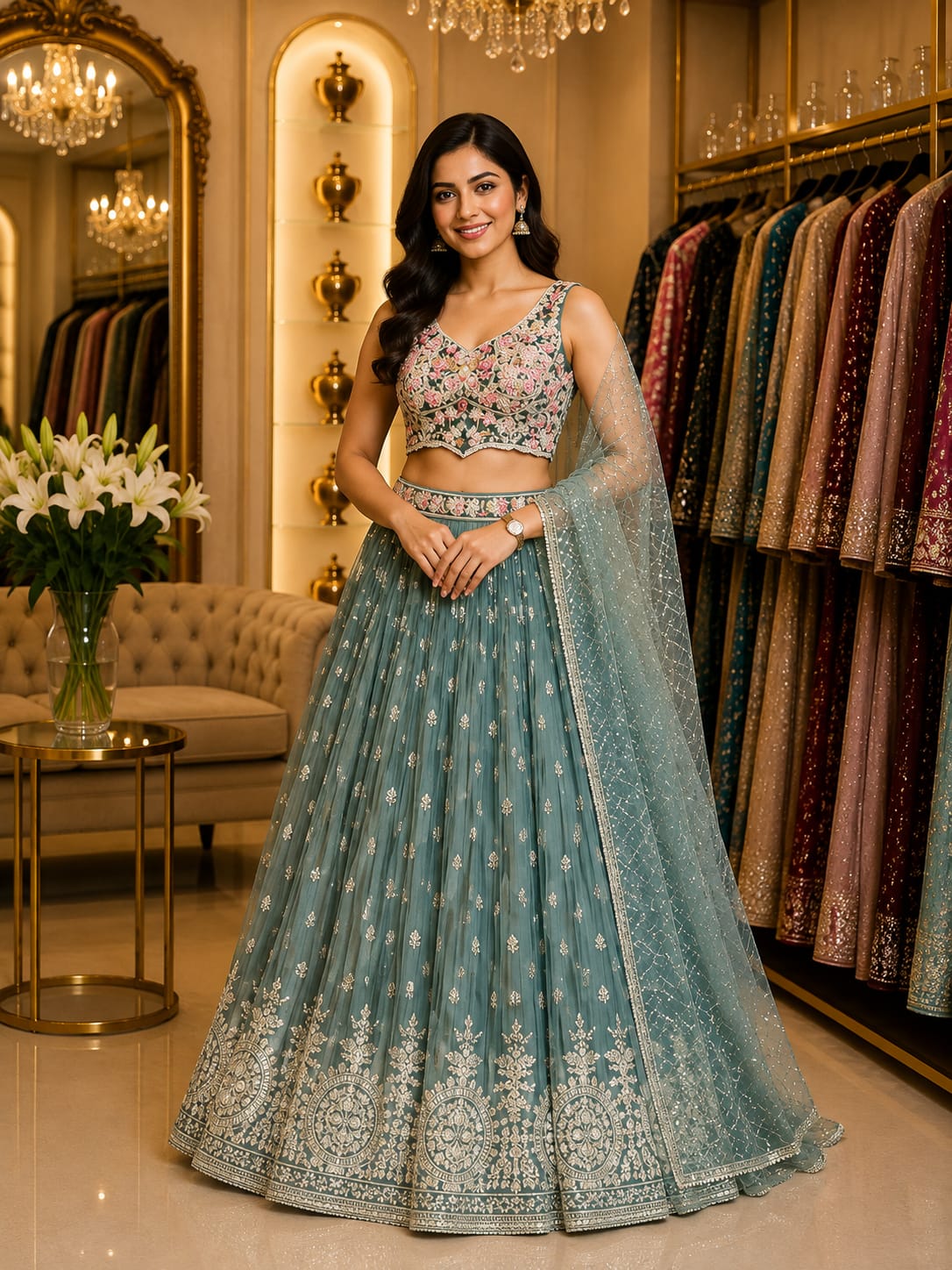Seafoam Floral Lehenga — Lehengas at Trendy Closet, Morrisville NC