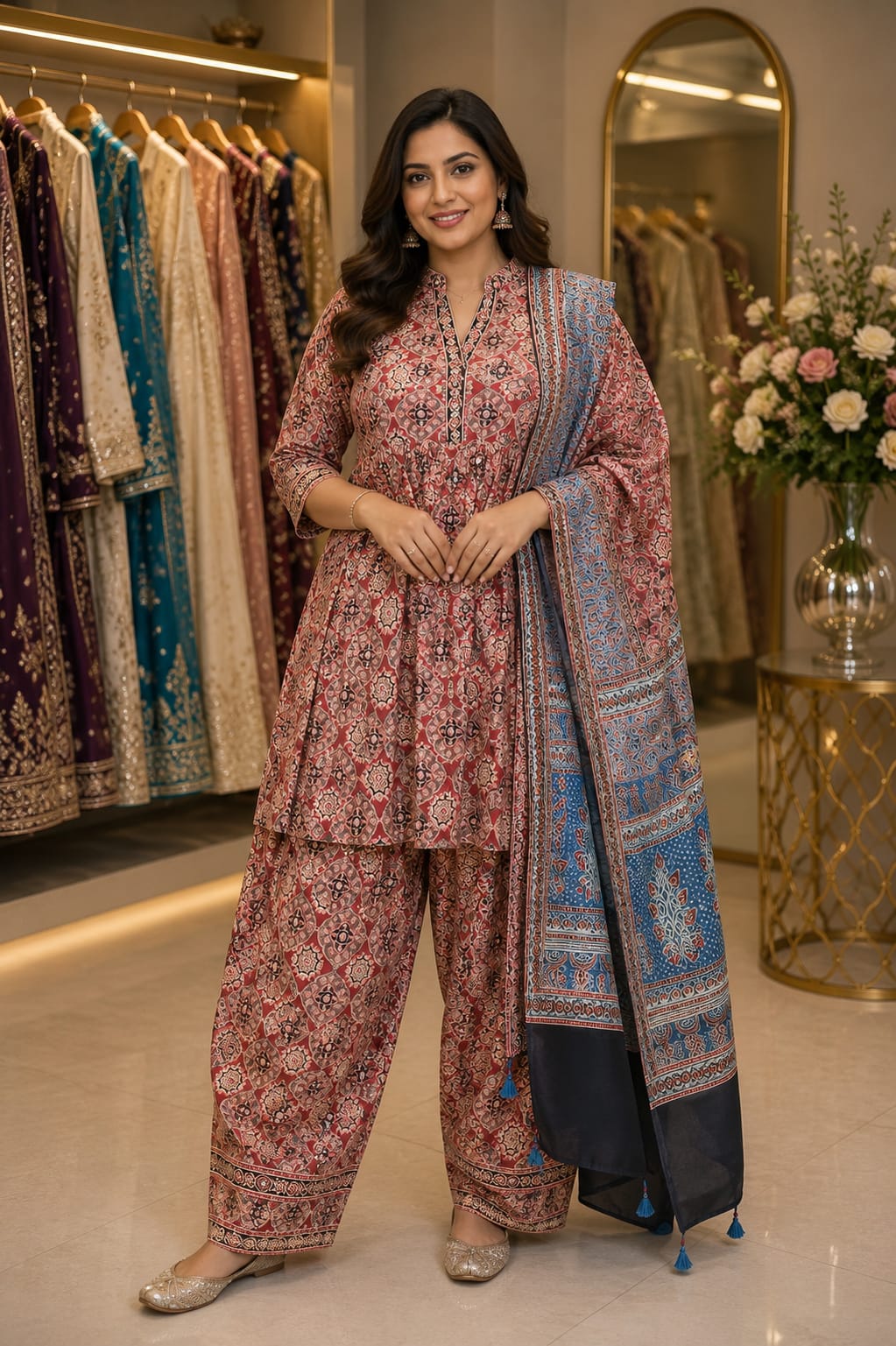 Royal Ajrakh Peplum Palazzo Set — Suit Set at Trendy Closet, Morrisville NC