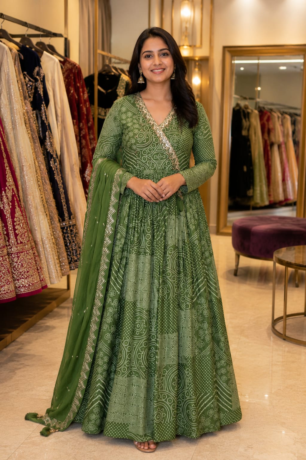 Emerald Bandhani Angrakha Gown — Gowns at Trendy Closet, Morrisville NC