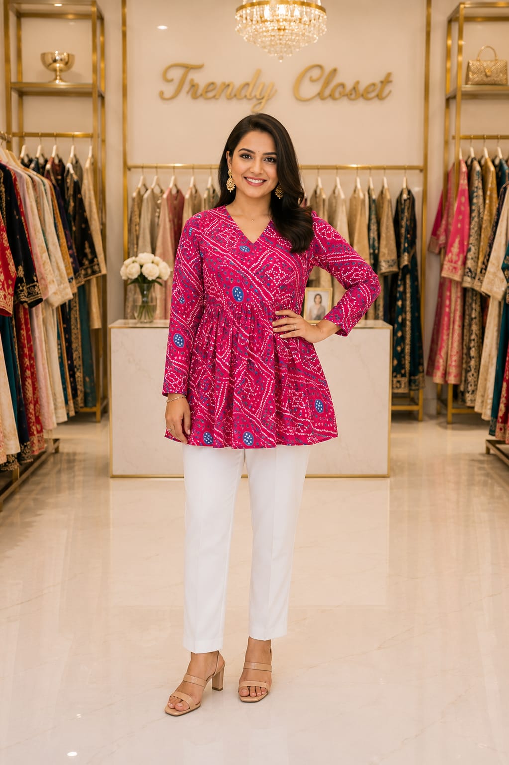 Fuchsia Pink Printed Peplum Short Kurti with White Straight Pants — Kurti at Trendy Closet, Morrisville NC