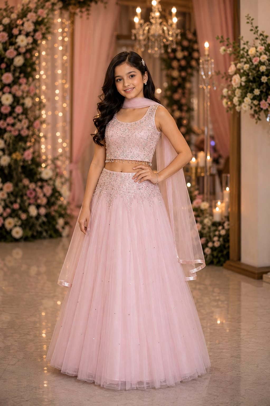 Girls' Blush Pink Embellished Designer Lehenga Choli with Soft Net Dupatta — Kids - Girl at Trendy Closet, Morrisville NC