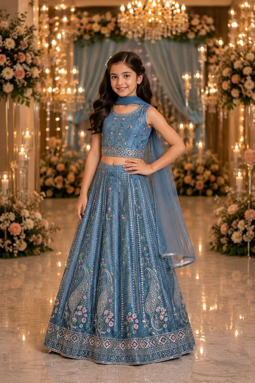 Girls' Dusty Blue Embroidered Lehenga Choli Set with Dupatta — Kids - Girl at Trendy Closet, Morrisville NC