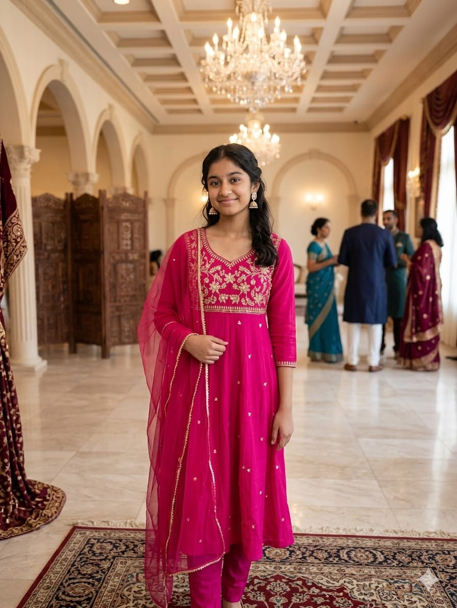 Girls' Fuchsia Pink Embroidered Anarkali Suit Set with Dupatta — Kids - Girl at Trendy Closet, Morrisville NC