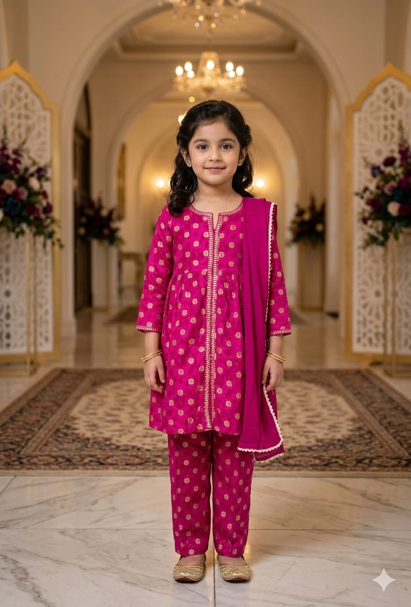 Girls' Fuchsia Pink Printed Kurta Pant Set with Dupatta — Kids - Girl at Trendy Closet, Morrisville NC
