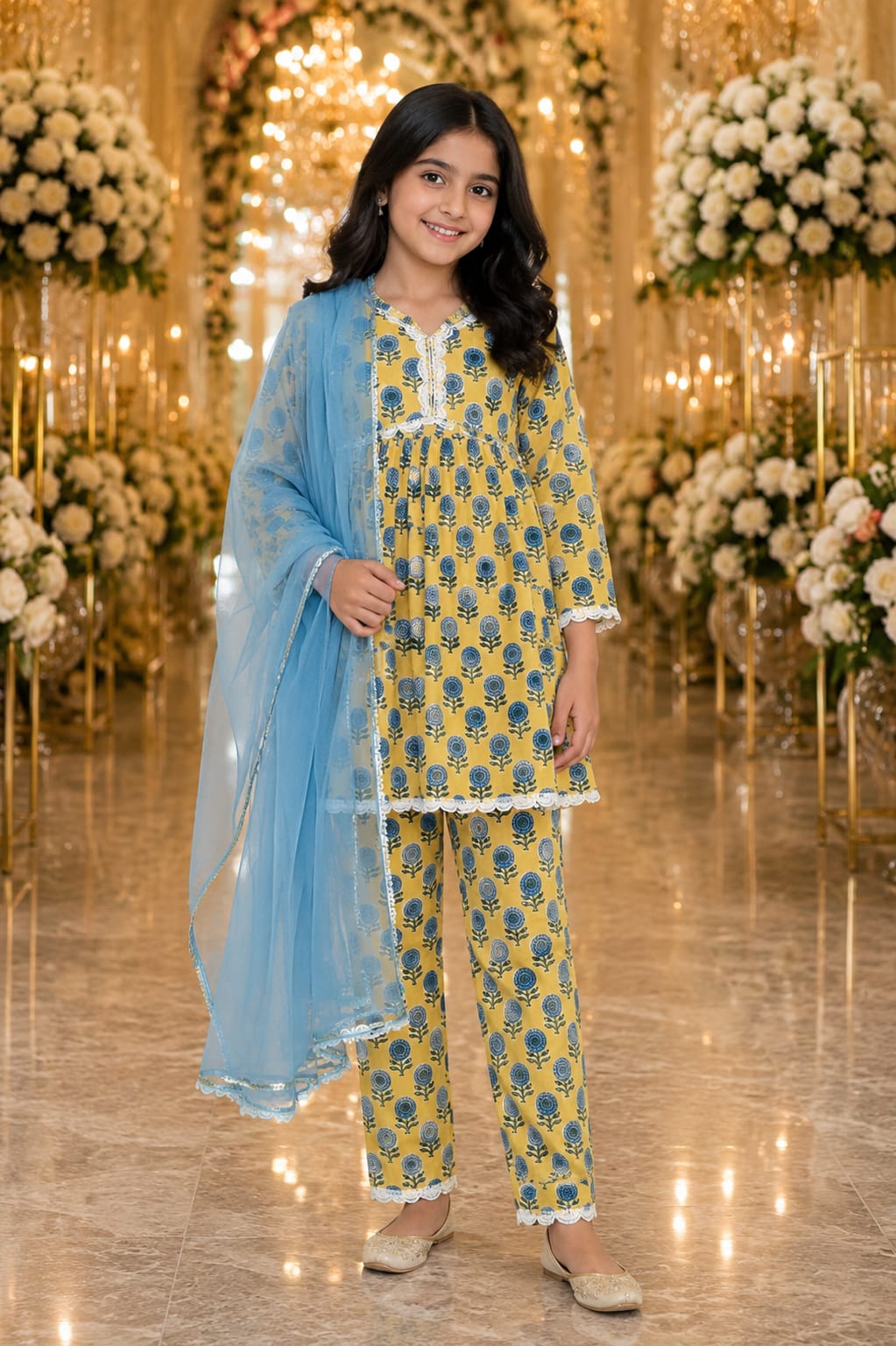 Girls' Mustard Yellow Printed Kurta Pant Set with Blue Dupatta — Kids - Girl at Trendy Closet, Morrisville NC