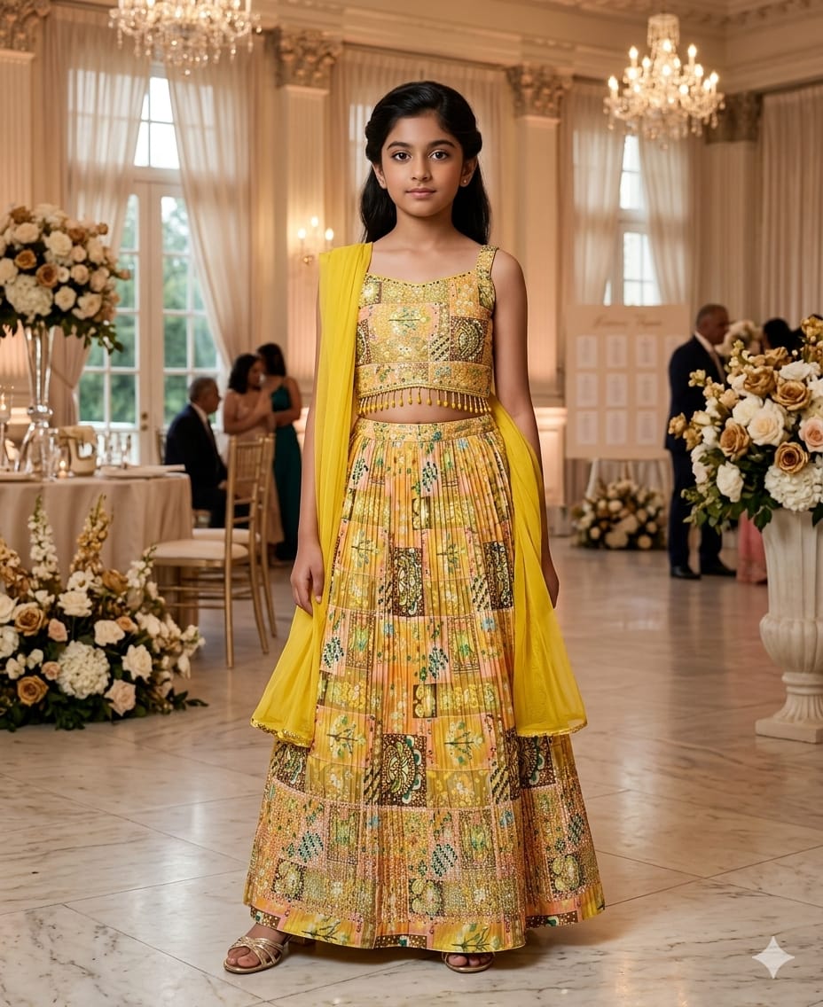 Girls' Mustard Yellow Printed Lehenga Choli Set with Dupatta — Kids - Girl at Trendy Closet, Morrisville NC