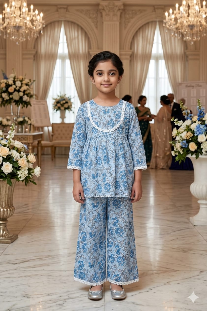 Girls' Sky Blue Floral Printed Peplum Kurta Palazzo Set — Kids - Girl at Trendy Closet, Morrisville NC