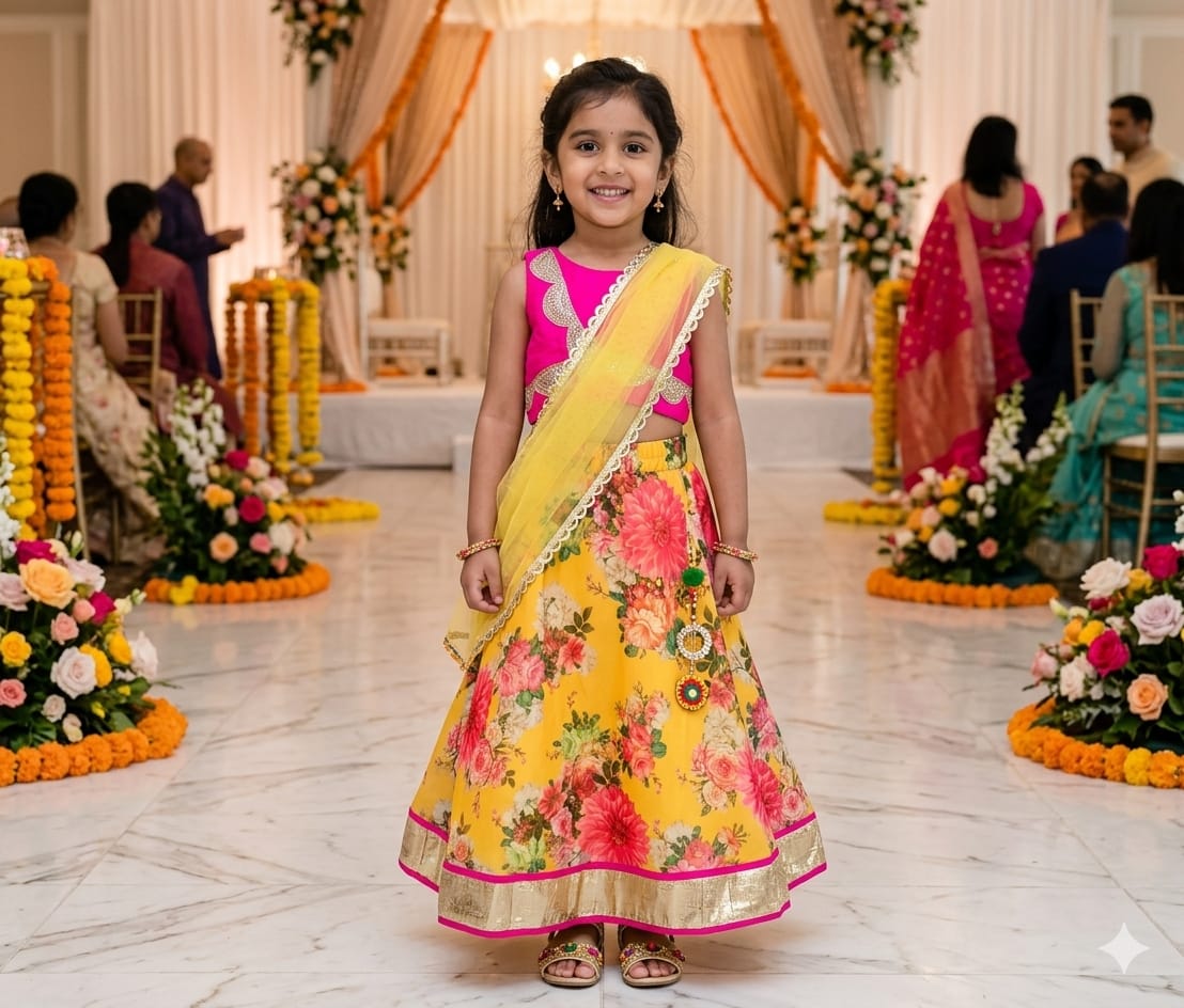 Girls' Yellow Floral Printed Lehenga Choli Set with Dupatta — Kids - Girl at Trendy Closet, Morrisville NC