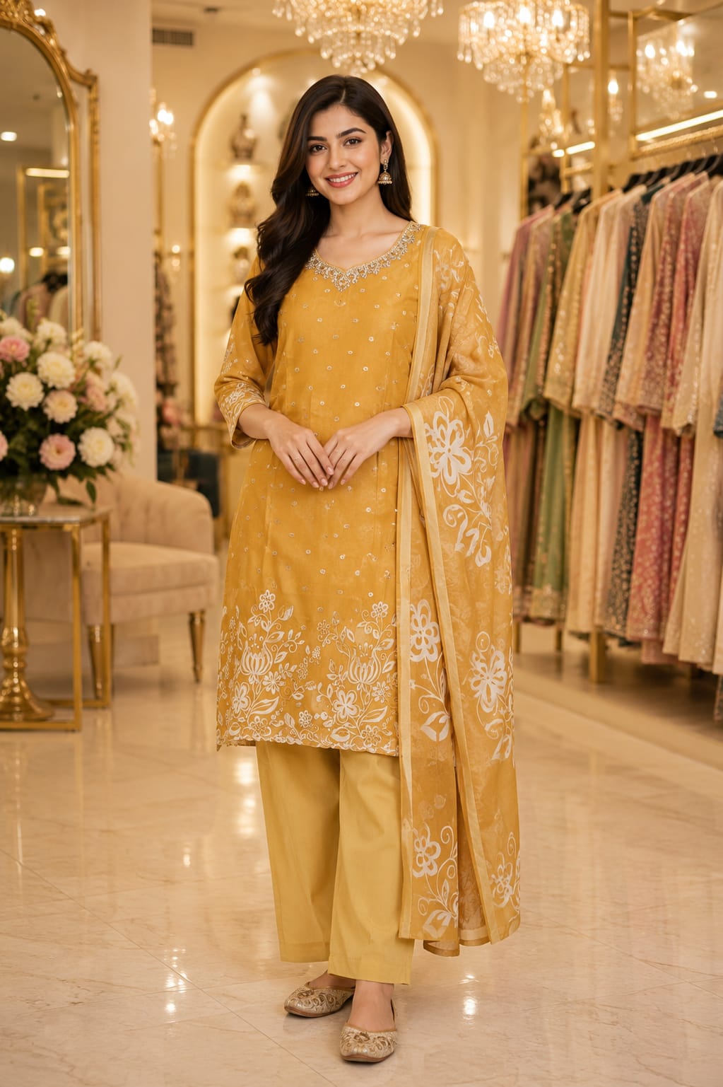 Golden Mustard Floral Elegance Suit Set — Suit Set at Trendy Closet, Morrisville NC