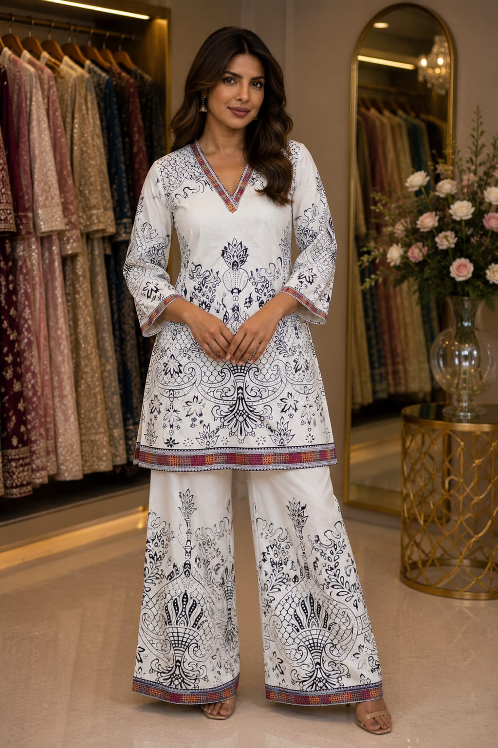 Ivory Indigo Fusion — Palazzo Set at Trendy Closet, Morrisville NC