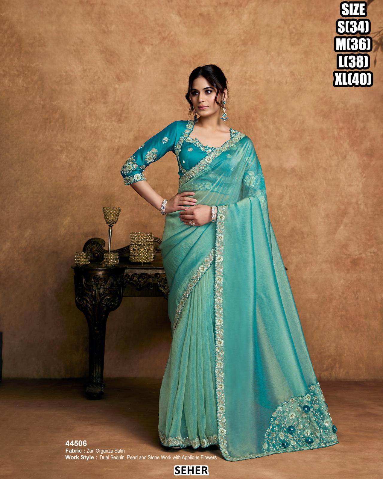 Azure Blossom Organza Saree — Sarees at Trendy Closet, Morrisville NC