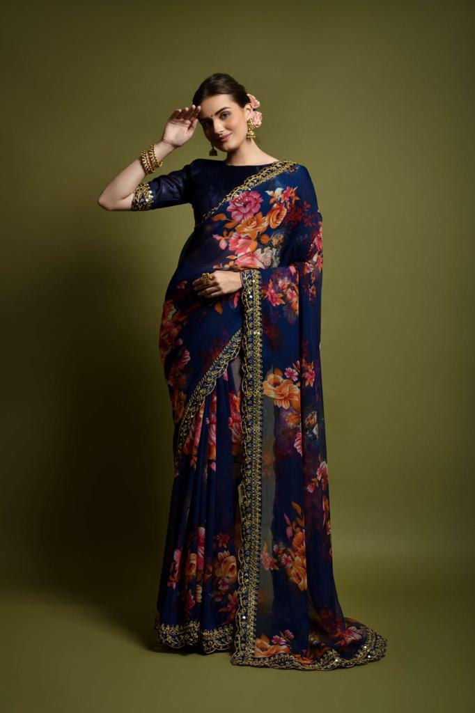 Midnight Bloom Organza Saree — Sarees at Trendy Closet, Morrisville NC
