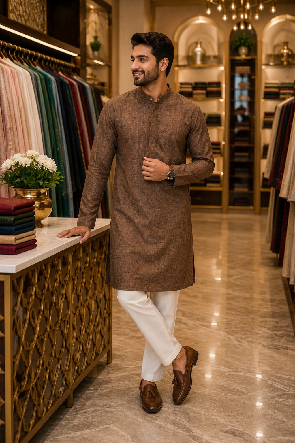 Mocha Slub Kurta Set — Men's Wear at Trendy Closet, Morrisville NC